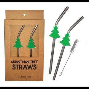 2 pk stainless Christmas Tree straws w/cleaning brush NEW